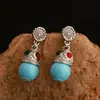 Nuevos Pendientes de Botón de Aleación Estilo Chino Plata de Tíbet Turquesa Moda Versátil Nicho Pendientes de Gama Alta Diseño Elegante Pendientes para Mujer