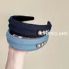 Diadema de Color Denim Retro Coreano de Gama Alta con Perlas Cóncavas y Convexas para Mujer, Moda, Diadema de Ala Ancha de Parte Alta, Accesorio para el Cabello