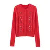 U Estilo Europeu e Americano Transfronteiriço 2026 Nova Moda Elegante Roupas Femininas Atacado Bordado Floral Vazado Cardigã de Tricô Vermelho