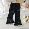 Calça Casual para Meninas de Primavera e Outono, Moda Infantil Estilosa Estilo Coreano Color Block Laço de Renda Bolinhas Calça Flare