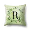 Funda de almohada de poliéster decoración de coche hojas verdes frescas 26 letras inglesas impresas funda de cojín QTB38