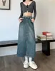 Comércio Transfronteiriço Saia Jeans Retro de Cintura Alta com Fenda para Mulheres Primavera Novo Design Saia A-Line de Comprimento Médio