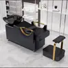 Cama de champú semirreclinable estilo lujo para salones de peluquería, lavabo cerámico integrado con reposapiés, cama de champú tipo sofá con cojín suave