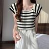 Feifei Manga Manga Corta Seda de Hielo Rayada Tejida Camiseta para Mujer Sentido del Diseño Verano Estilo Francés Chic Hermosa Blusa Alto Sentido