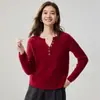 Suéter Clásico de Cachemira con Cuello Henley y Canalé Vertical para Mujer, Top de Capa Interior, Elegante Suéter Pulóver de Manga Larga, Ropa de Otoño/Invierno para Mujer