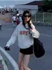 Sudadera con capucha azul fina, versión grande, estilo europeo para mujer, primavera y otoño 2025, nueva, bordado de letras, holgada, casual, top moderno