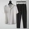 Traje de verano ultra delgado de cinco cuartos de seda helada y lino para hombre, conjunto de dos piezas de algodón y lino, talla grande, moderno, lujo ligero, ropa deportiva holgada