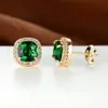 Pendientes de botón de gemas de colores vintage europeos y americanos, esmeralda con incrustación de circonita cuadrada, accesorios elegantes de lujo ligero para mujer, venta al por mayor