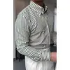 Camisa Listrada Seersucker 2025 Masculina Outono Business Sem Ferro Slim Top Versátil Colarinho Pontudo Colarinho de Botão Camisa de Manga Longa
