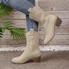 Botas de Equitação Estilo Novo Outono e Inverno 2024, Bico em V, Bordadas, de Calçar, Salto Grosso, Bico Fino, Cano Médio, Estilo Retrô, Botas de Cowboy Ocidentais