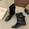 [] Botas de Calça Quadradas Retrô Outono Inverno Novas Fivela Removível de Duas Vias Zíper Traseiro Botas de Meia-Canela