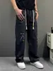 Jeans de Diseño Exclusivo con Estampado de Salpicaduras y Cordón en la Cintura, Rayas Grises, Pantalones Casuales Holgados Rectos de Calle Alta Americana para Primavera y Otoño