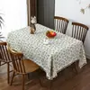 Mantel de Poliéster Estampado con Hojas Verdes, Fresco y Sencillo, Impermeable y Resistente a Manchas, con Bordado de Encaje de Borlas, Mantel Floral del Sudeste Asiático
