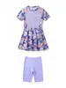 Traje de Baño Nuevo Estilo para Mujer, Dos Tonos Morado y Azul Lago Estampado Dividido Manga Corta Estilo Falda Ajustado Traje de Baño para Aguas Termales Venta al por Mayor
