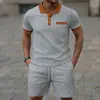 Conjunto de Shorts Masculino de Waffle com Gola Color Block, Manga Curta, Bolso Frontal com Botões - Novo de Verão Amazon Transfronteiriço
