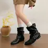 Botas de cowboy occidentales para mujer, nueva colección de otoño 2026, estilo retro con hebilla de cinturón de cuero marrón, tacón grueso y botines plisados y fruncidos en el tobillo