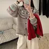 Casaco de tricô estilo Fair Isle britânico para mulheres, caimento solto, design retrô color-block, cardigã de tricô casual