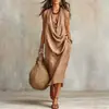 2026 Nuevo Vestido Casual de Algodón y Lino con Mangas Sueltas y Cuello Suelto para Mujer, Transfronterizo Europeo y Americano de Amazon, para Vacaciones