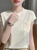 Nueva Moda Primavera y Verano Camiseta de Algodón de Manga Corta para Mujer Cuello Redondo Mangas con Bolsillos Tejido de Punto Mismo Estilo Manga Corta
