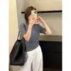 Tejido de punto de manga corta texturizado Mmc para mujer, nuevo estilo de otoño, estilo coreano, ajuste ceñido, camiseta básica de mohair con cuello medio alto