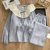 2026 Novo Estilo Outono Algodão Nuvem Borda Manga Longa Doce e Fofo Pulôver Pijama Conjunto de Roupa de Casa Feminino