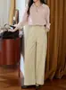 Camisa de Lino Tencel Rosa para Mujer Otoño Solapa Botones Caída en los Hombros Mangas de Dos Maneras Top de Temperamento para el Trabajo
