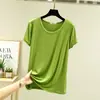Camiseta casual feminina estilo coreano para primavera e verão, cor sólida nova, estilo preguiçoso, gola redonda elegante, manga curta, corte solto, simples