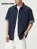 Camisa de Manga Corta a Cuadros Retro Americano Bloques de Color para Hombre Zoewatson Verano Casual Versátil Cuello Camisero