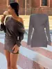 Vestido Cinza Off-Shoulder de Manga Longa Estilo Jennie para Mulheres, Outono Inicial Bodycon Sexy Hot Girl Mini Vestido