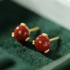 Aretes Anillo de Ágata Roja Natural para Mujer Retro Simples Pequeños de Plata de Ley S925 Estilo Artístico Chino Retro Pendientes Pendientes