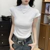Outono e Inverno 2025 Novo Estilo Coreano Versátil Manga Morcego Curta Slim Fit Roxo Camiseta Feminina Gola Alta Camisa Base Top Tendência