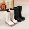 Sapatos femininos, botas, botas longas, botas de couro, novo estilo outono e inverno 2026, botas de cano alto infantis da moda, botas de algodão com laço