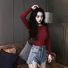 Camiseta de Manga Larga Color Caramelo de Moda para Mujer Primavera Elegante Casual Cuello Redondo Top Ajustado Versátil Camiseta Básica