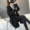 Cárdigan de Punto de Longitud Media con Tiras de Comercio Exterior para Mujer 2025 Otoño e Invierno Nuevo Estilo Coreano Holgado Cuello en V Rayas de Color Sólido Suéter