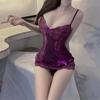Fumaça sexy lingerie suspensórios pijamas terno sexy renda puro desejo perspectiva apelo emocional tentação qqny camisola roxa