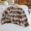 Cardigan Feminino Vintage Listrado em Cores Contrastantes com Mangas Longas, Tricô Coreano com Gola Redonda e Barra Canelada, Para Primavera e Outono