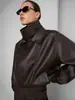 Chaqueta de cuero PU con patrón de lichi retro popular transfronteriza europea y americana para mujer, otoño e invierno, cuello alto, cremallera diagonal, corte holgado, chaqueta de motociclista