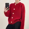 Elegante cardigã de tricô de abotoamento simples, novo para outono e inverno, para mulheres, corte casual solto, gola redonda, peça de cima versátil