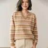 Suéter de Tricô de Caxemira Estilo Preguiçoso Outono e Inverno para Mulheres Gola V Listrado Solto Look Emagrecedor Tricô Engrossado Tricô de Cor Contrastante