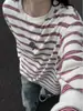 Camiseta listrada de gola redonda e manga longa, unissex, estilo outono, retrô americano, modelagem solta, casual, moderna e versátil