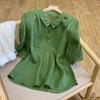 Verão Novo Versátil Solto Algodão e Linho Artístico Retrô Lapela Cor Sólida Camisa Elegante Algodão e Linho Blusa Manga Curta Feminina
