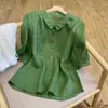 Verano Nuevo Todo-combinable Suelto Algodón y Lino Artístico Retro Solapa Color Sólido Elegante Camisa Algodón y Lino Top Manga Corta para Mujer