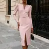 Amazon AliExpress Vestido Nuevo de Cuello en V con Mangas Largas Abullonadas, Cinturón y Abertura para Fiesta y Uso Diario, Vestido Bodycon