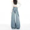 Tacto de seda helada, tejido Tencel duradero y versátil, diseño de botón en bolsillo trasero, jeans de pierna ancha para mujer, compatible con envío directo