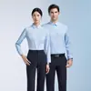 Nuevas camisas para hombre y mujer, antiplanchado, resistentes a las arrugas, camisas profesionales azul claro de manga larga y corta, ropa de trabajo elástica con logo bordado
