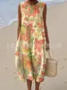 Vestido sin mangas de estilo étnico con bloques de color geométricos para mujer, vestido tipo tank de algodón y lino de verano, holgado, de longitud media
