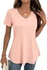Camiseta de Verano Nueva Estilo Europeo y Americano para Mujer, de Waffle, Cuello en V, Manga Corta, Holgada, Talla Grande, Color Sólido, Adelgazante, Moderna, Versátil y Casual