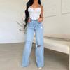 Jeans de dama largos de fábrica directos de Amazon, cintura alta, rotos, con deshilachados, de venta, estilo europeo y americano, cómodos, pantalones de pierna ancha