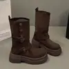 Botas de Moda Estilo Britânico com Solado Grosso Aumentadoras de Altura Femininas 2026 Novas Outono Verão Estilo Velho Oeste Cowboy Wasteland Emagrecedoras Botas Curtas