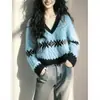 Suéter top de malha novo, design solto e casual estilo coreano para outono e inverno, com decote V e color blocking, malha de alta qualidade de manga comprida para mulheres